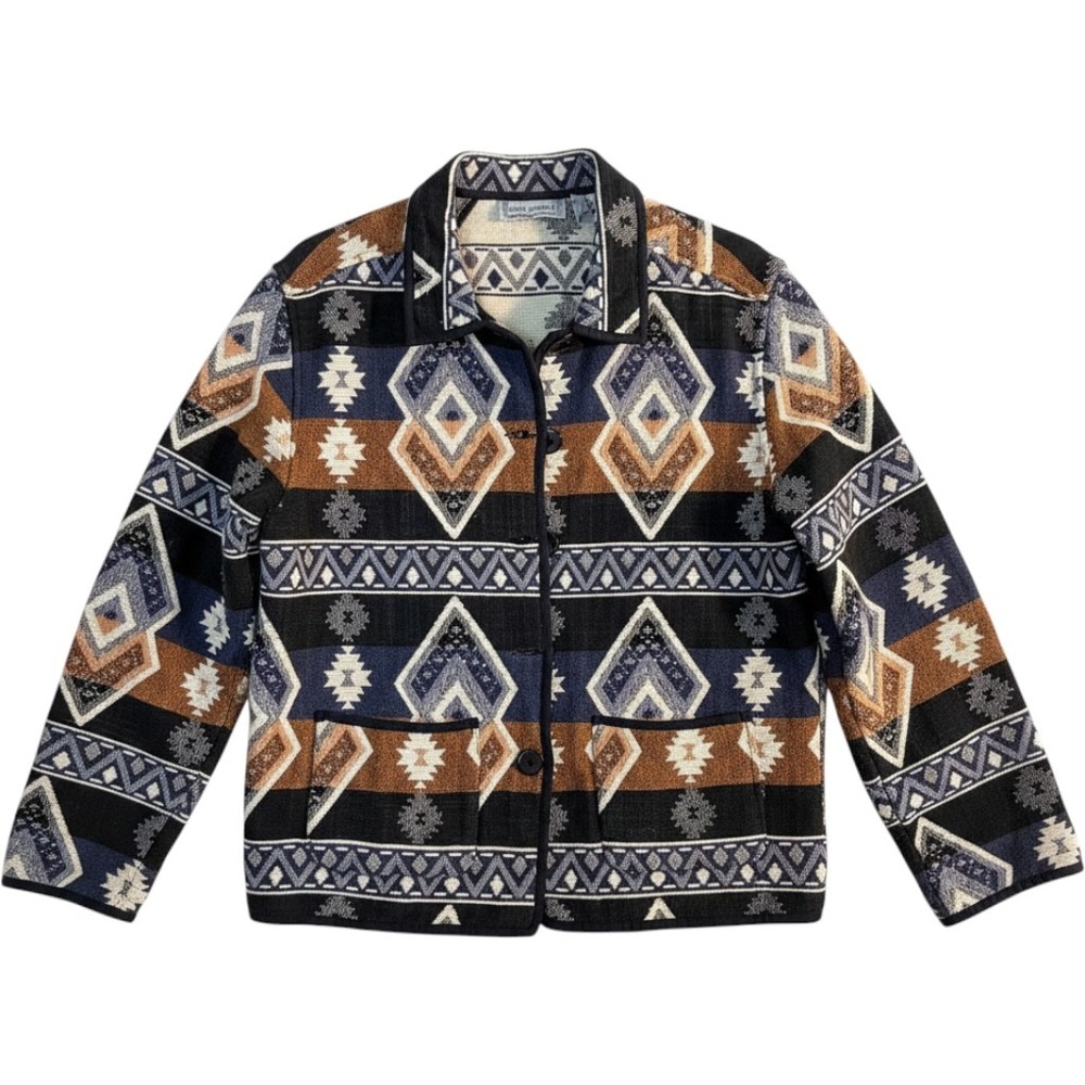Jane Ashley Southwestern Tapestry Jacket MED Western Rodeo Blue Brown Cotton
